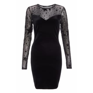 Black Velvet Mesh Star Print Sleeve Bodycon Dress